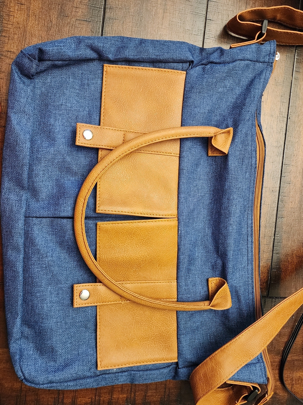 Nwot Denim Blue Canvas Tote with Tan Leatherette Trim